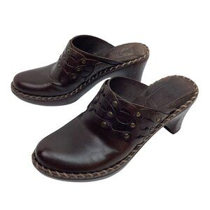 Frye Charlotte Braided Womens 8 Leather Studded Mules Clogs Brown High Heel Slip